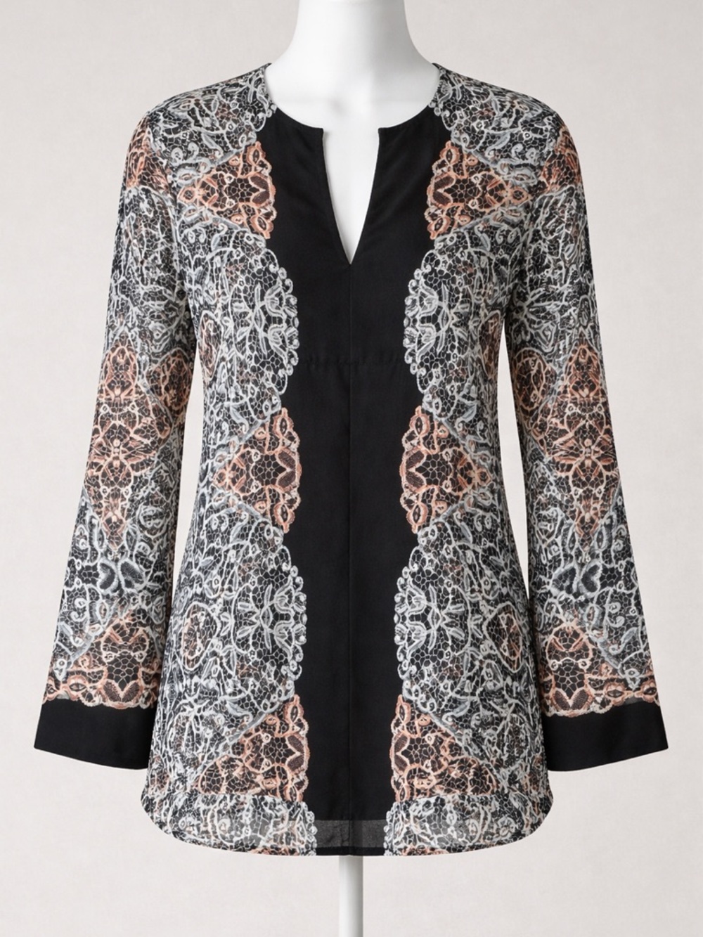 BCBGMaxAzria Haida Sheer Lace Print Blouse S V Neck Long Sleeve Flowy Tunic Top
